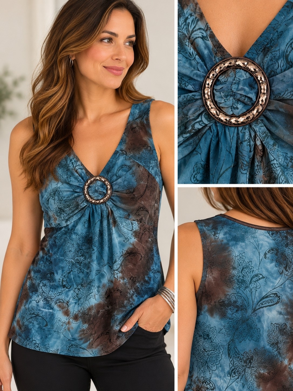 Blue Paisley Printed Sleeveless Top with Embellished Buckle L NWT